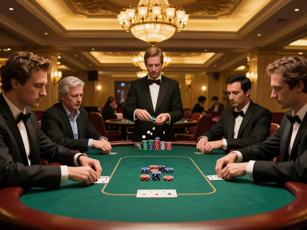 Players strategizing in a high-stakes poker game at F8BET's luxurious casino tables