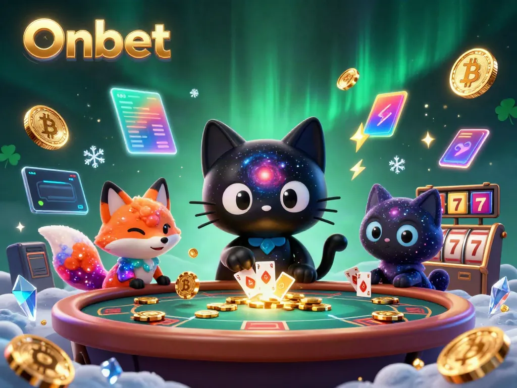 Experience the vibrant Onbet casino with a cosmic black hole cat and nebula fox, surrounded by dynamic gaming elements.
