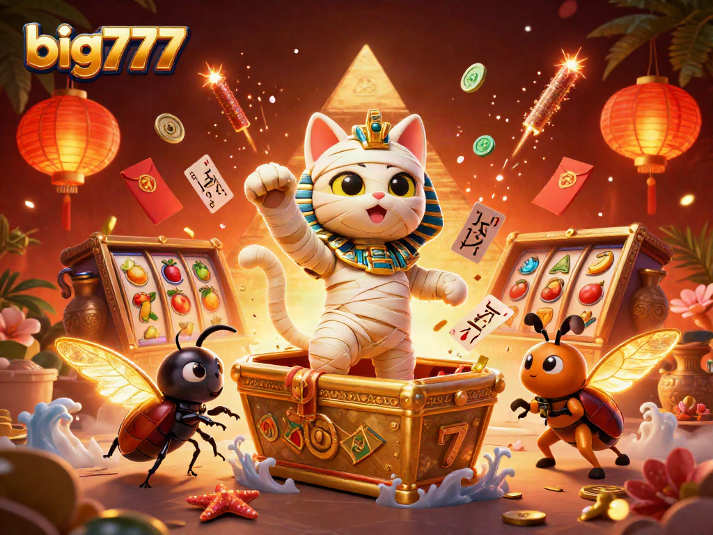 Experience the excitement of big777 slots through a vibrant casino scene featuring a mummy cat and glowing scarab.