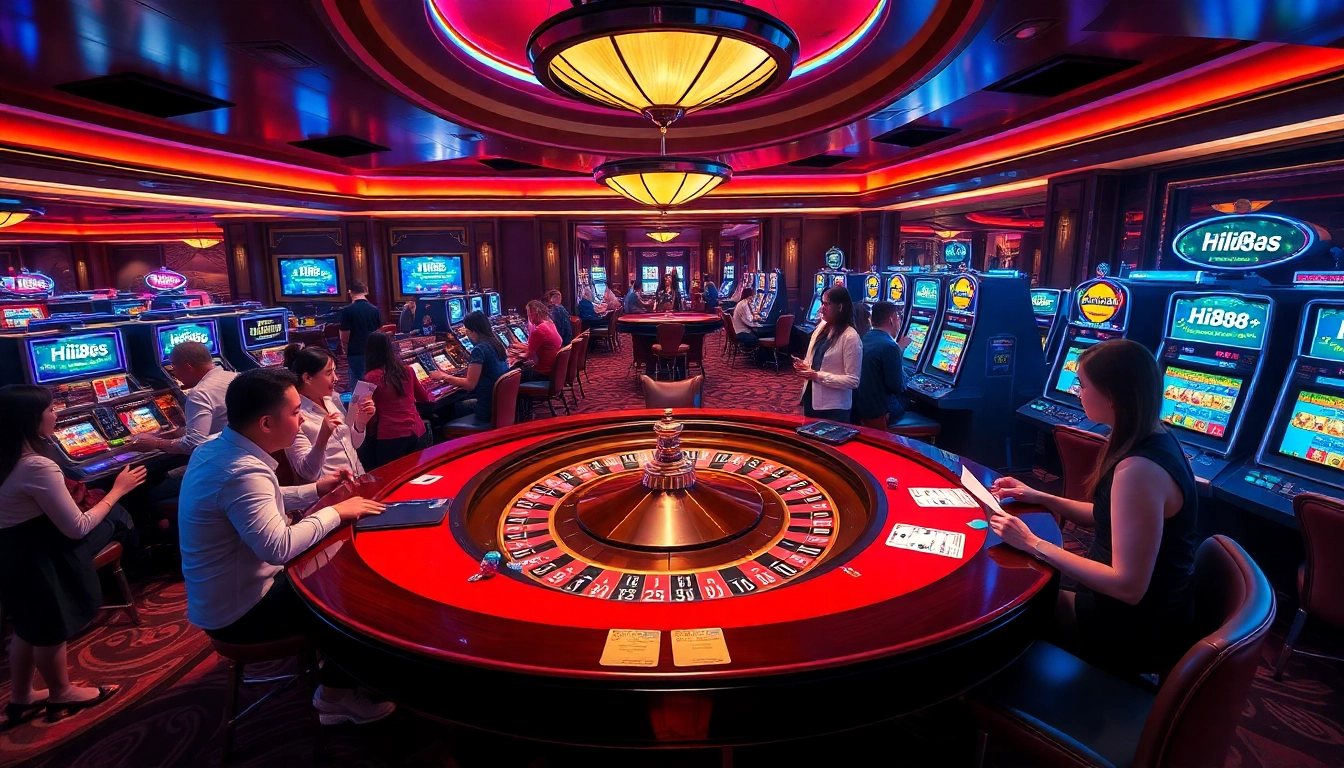 Players enjoying a thrilling game of roulette at Hi88 Casino with vibrant colors and excitement.