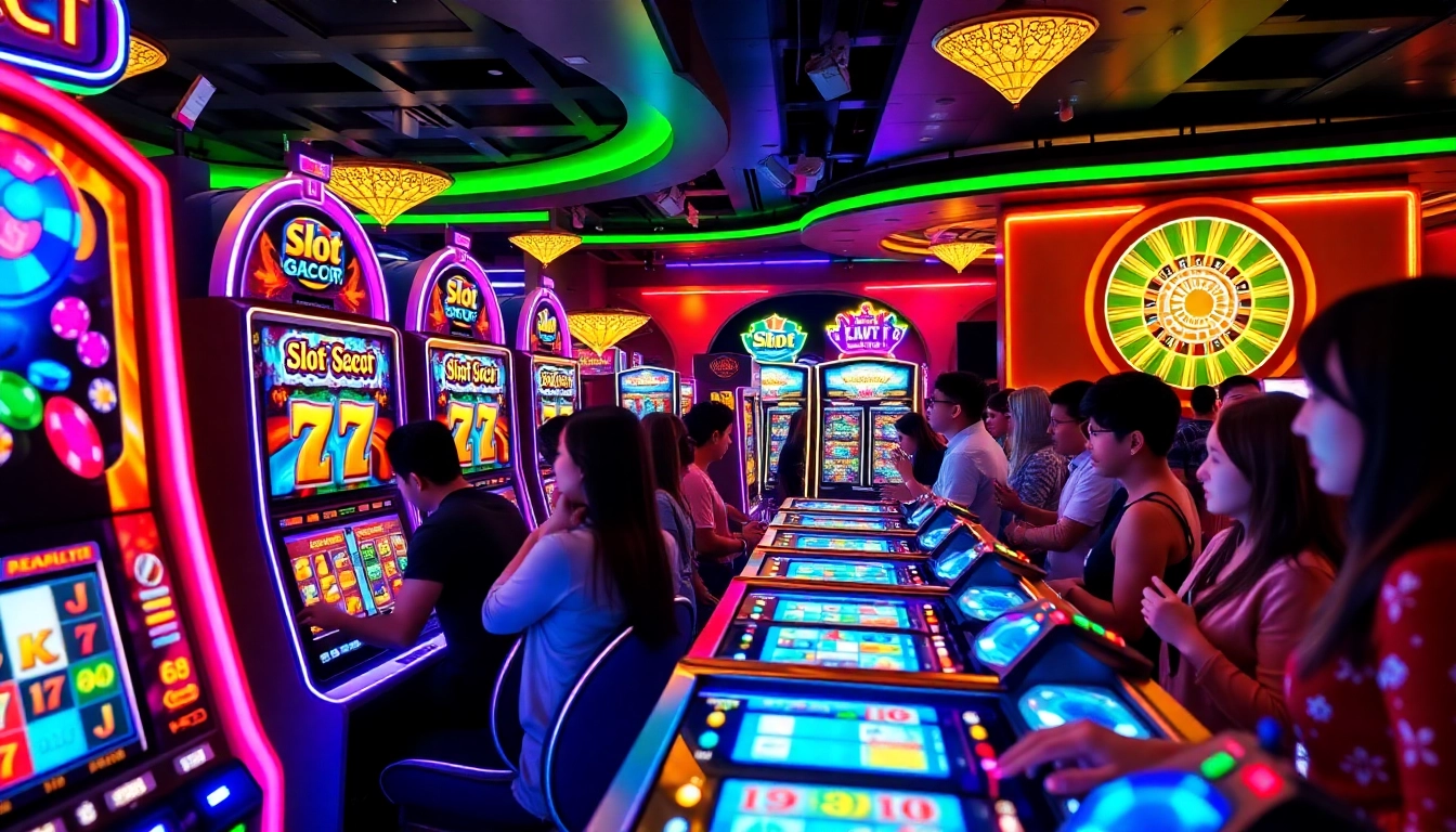 Engage with thrilling slot gacor action at a vibrant casino with diverse players and colorful machines.