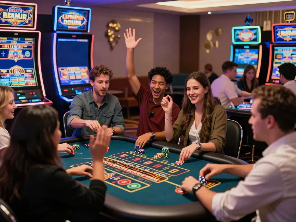 Exciting casino gaming scene with players enjoying akunjp games, showcasing vibrant slot machines.
