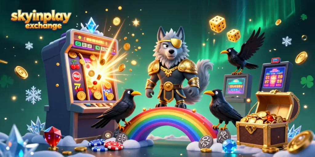 Experience excitement with skyinplay exchange in this vibrant casino-themed 3D illustration.