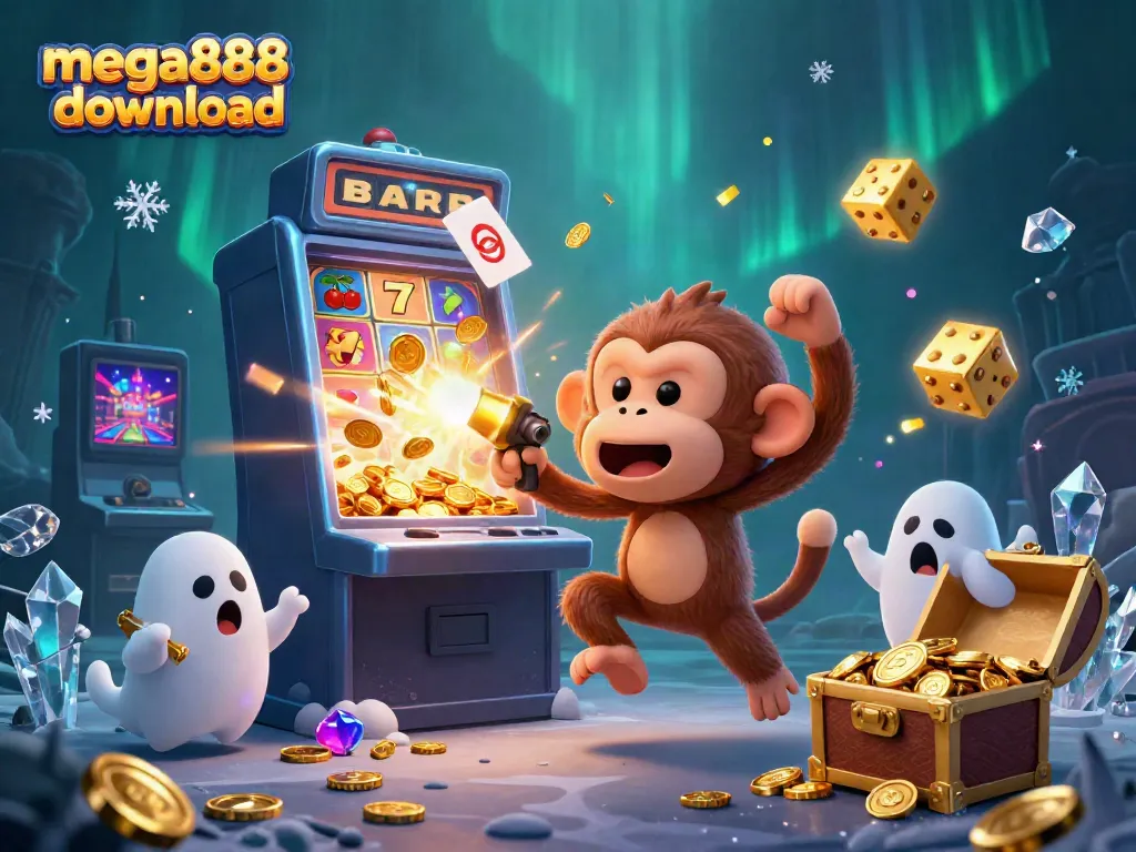 Exciting mega888 download scene with a playful ghost juggling golden casino items in a vibrant haunted atmosphere.