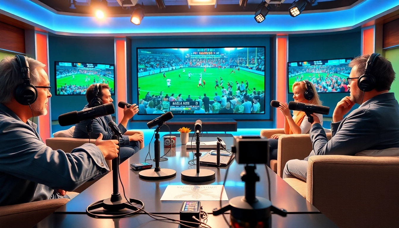 Engaging sports broadcasting team discussing live events in a professional studio setting.