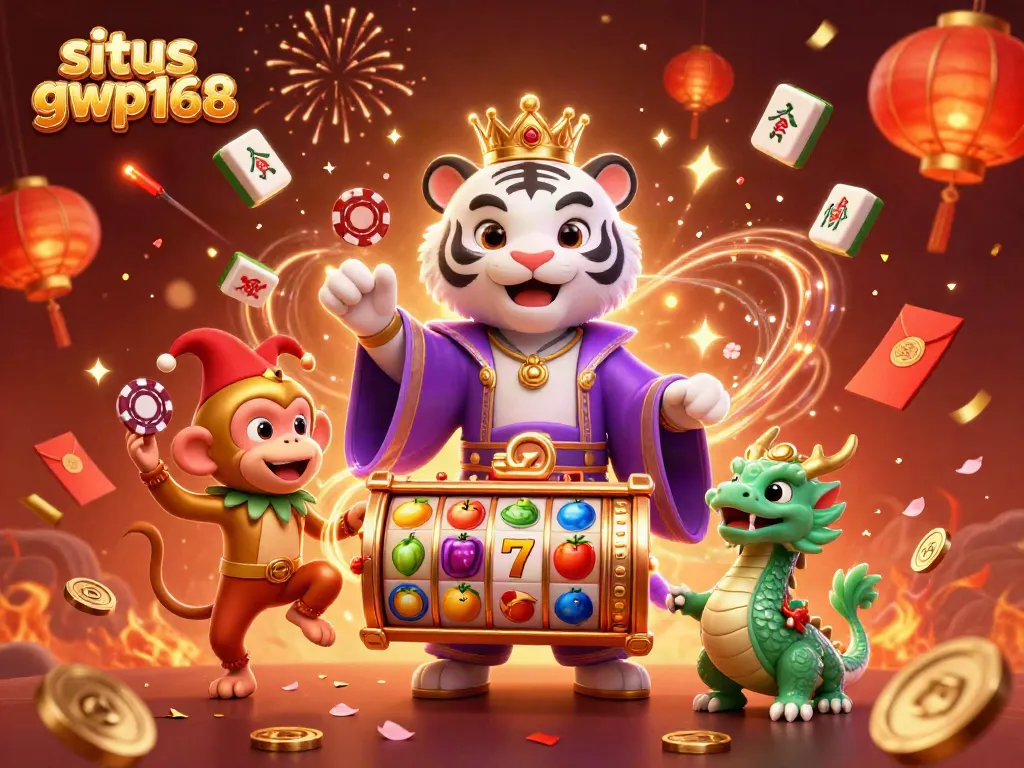 Situs gwp168 mengundang pemain dengan ilustrasi slot dan karakter kucing putih megah, monyet emas, dan naga jade.