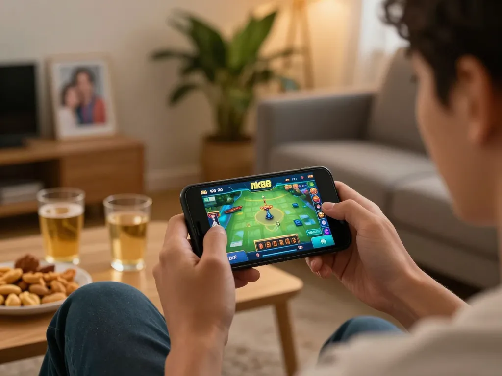 Player engaging with nk88 casino app on smartphone in a cozy home setting.