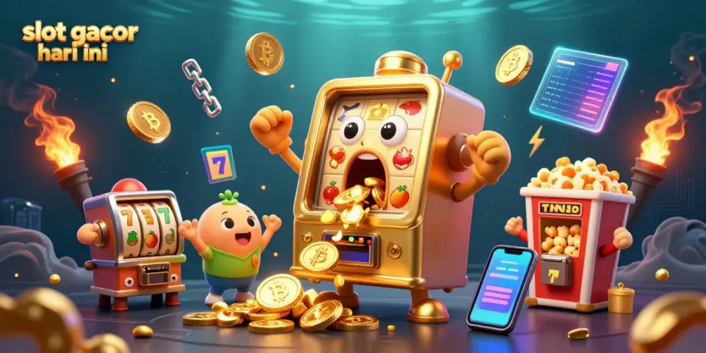 Slot gacor hari ini: Mesin slot berdiri terkejut saat memenangkan jackpot dengan koin berhamburan.