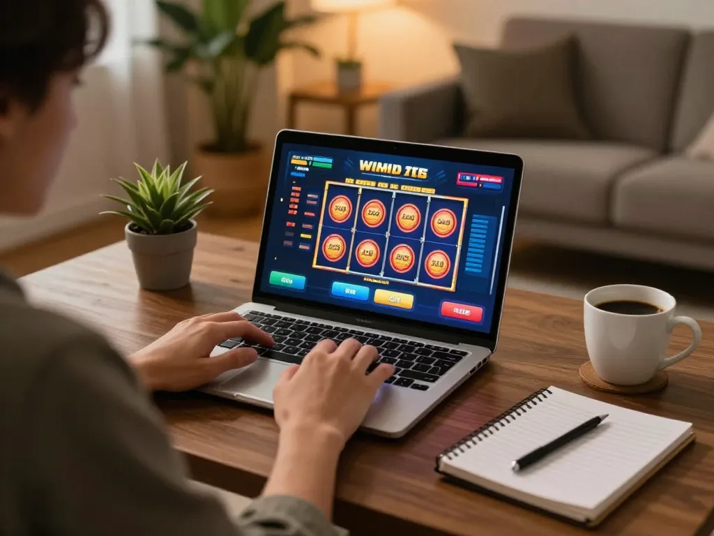 Engaging in NK88 online slots gameplay while managing betting strategies in a cozy atmosphere.