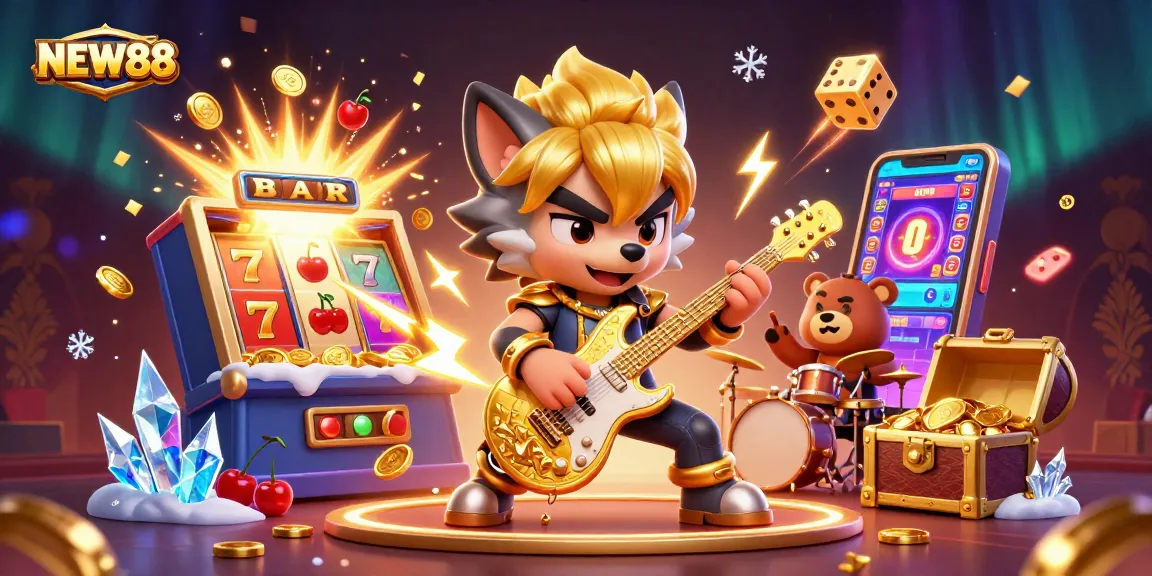 Win big with NEW88 at a lively casino, featuring a rock star wolf and drummer bear.