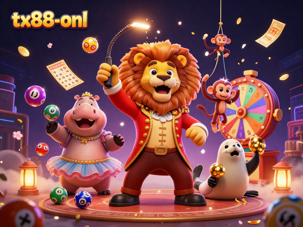 Engage in excitement with tx88-onl's vivid casino illustration featuring dynamic lotteries and games.