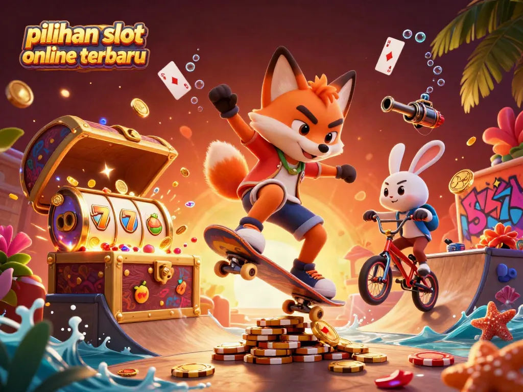 Gambarkan pilihan slot online terbaru dengan karakter slot dan koin emas yang berkilauan.