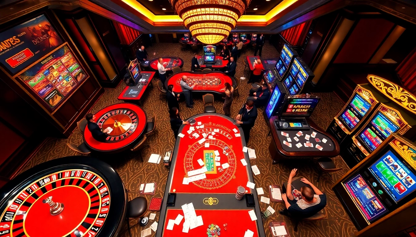 Players enjoying a thrilling game at MM88 casino, with vibrant roulette wheels and elegant poker tables.