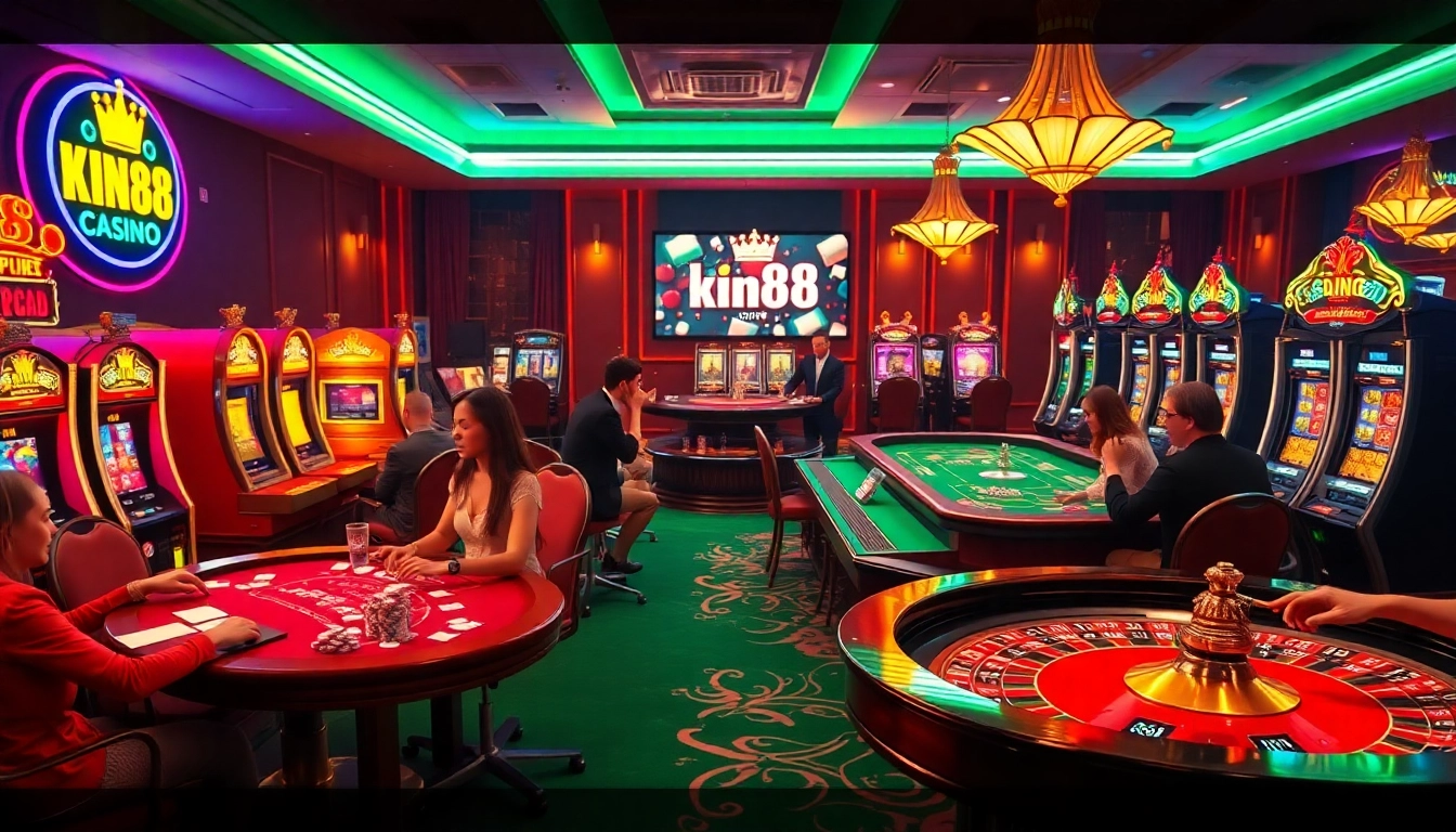 King88 players enjoying a thrilling casino experience at colorful tables.
