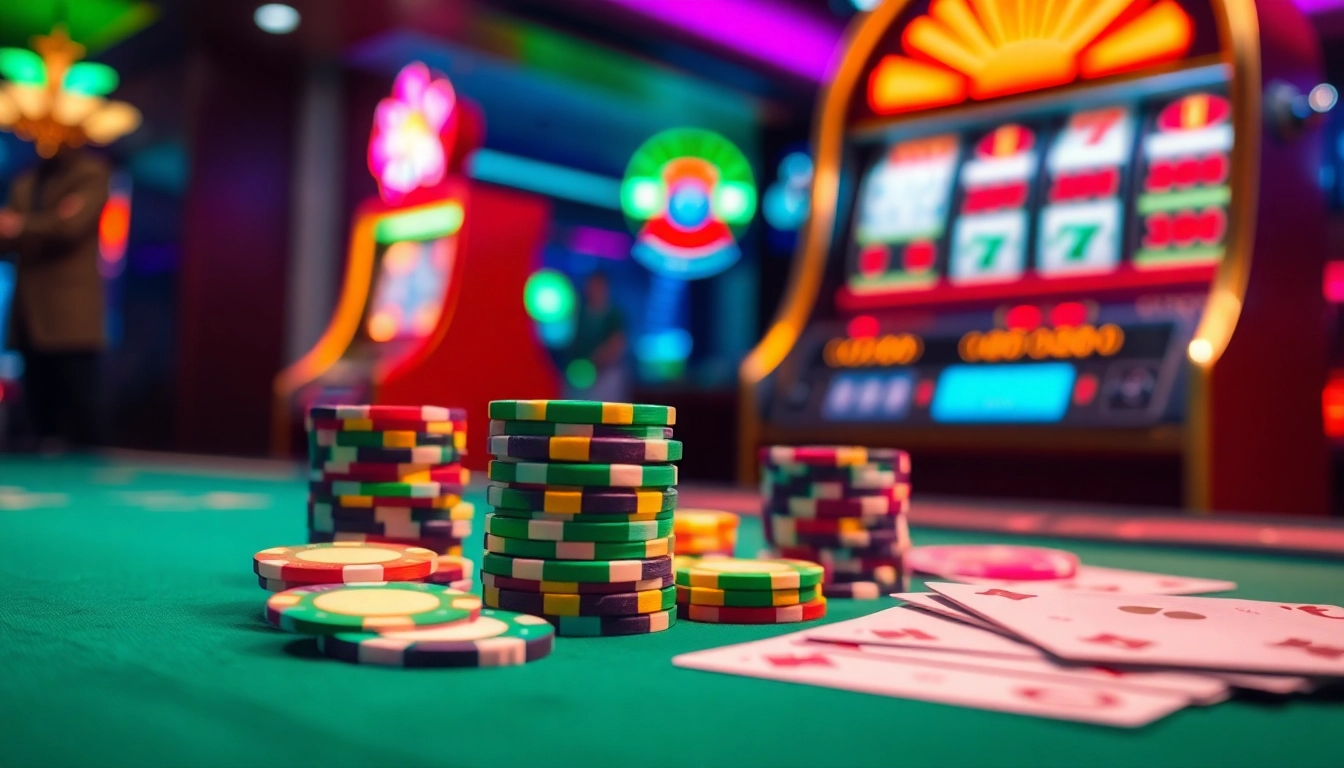 Experience the thrills of e2bet casino with colorful poker chips and vibrant gaming atmosphere.