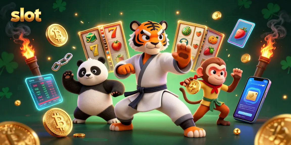 Experience thrilling slot action with our kung fu tiger master and panda disciple in a vibrant casino scene.