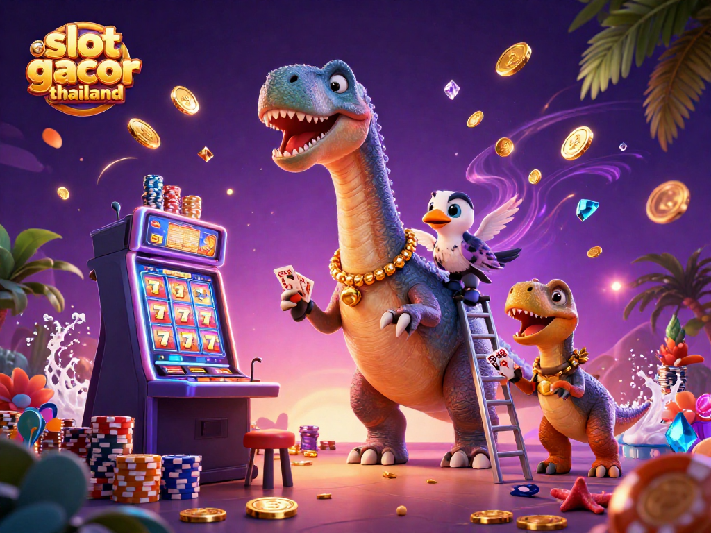Experience the excitement of slot gacor thailand with a towering brontosaurus and dynamic casino elements