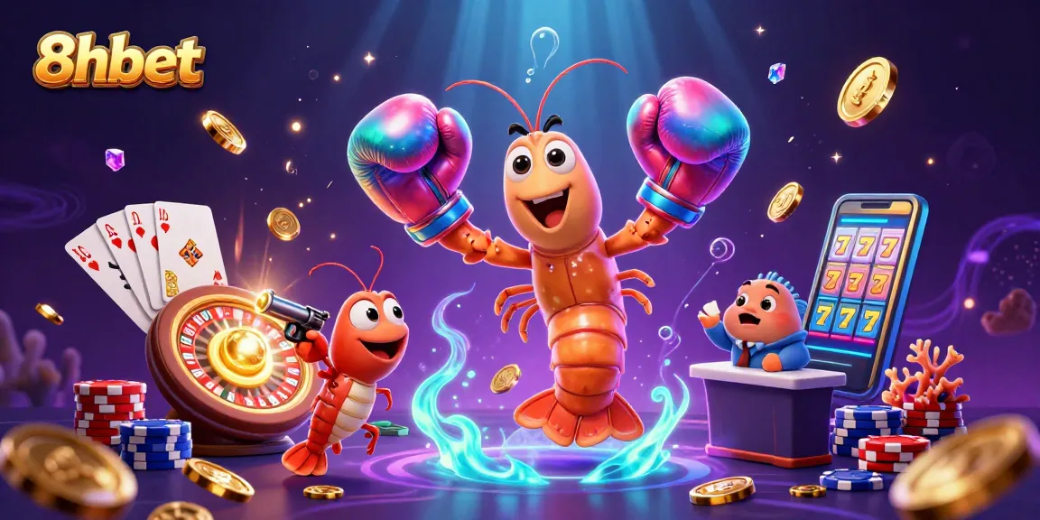 Play exciting games at 8xbet with dynamic activities featuring stellar shrimp characters and casino elements.