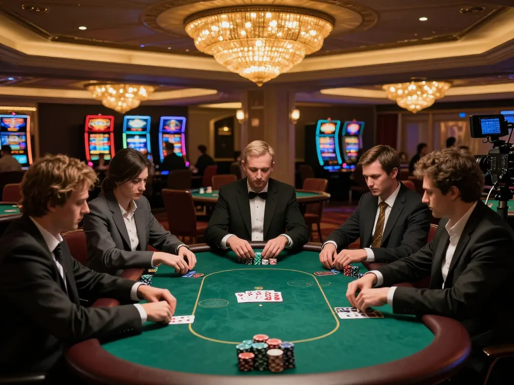 Players strategizing in a high-stakes poker game at a luxurious casino, showcasing the vibrant atmosphere of sc88vn.