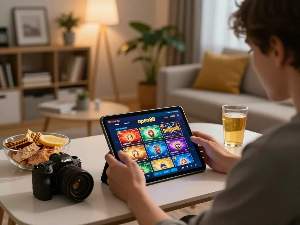Engaging with the open88 com casino app during a cozy home gaming session.