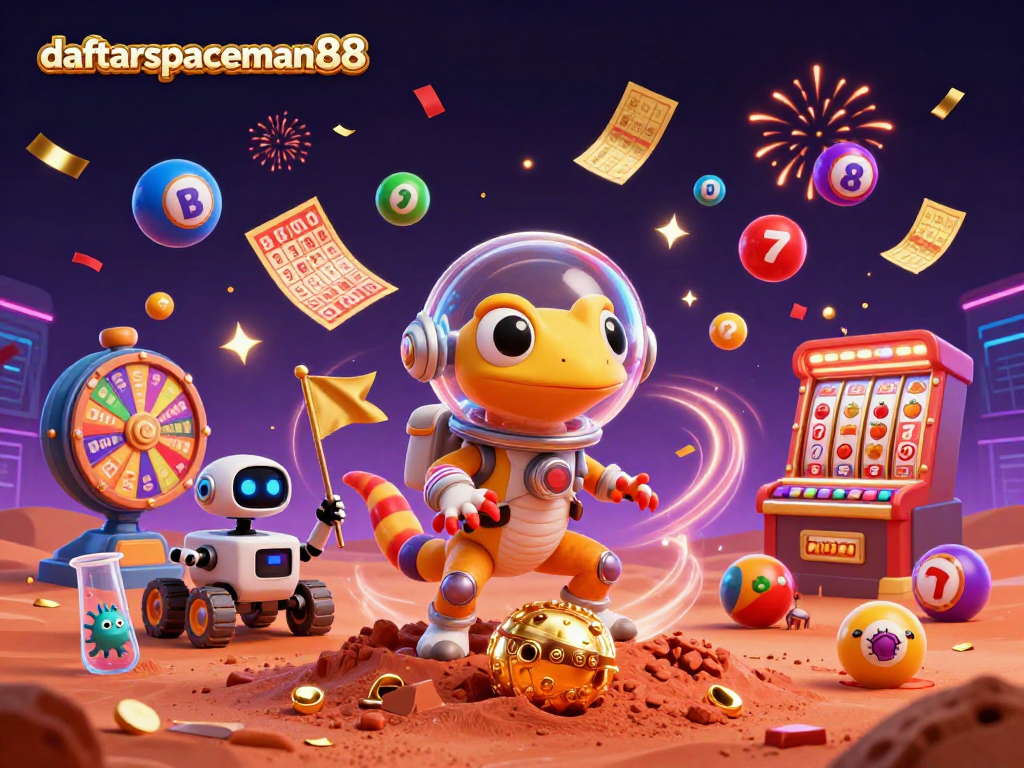 Experience the excitement of daftar spaceman88 with a lively casino scene featuring a Martian gecko and vibrant gambling elements.