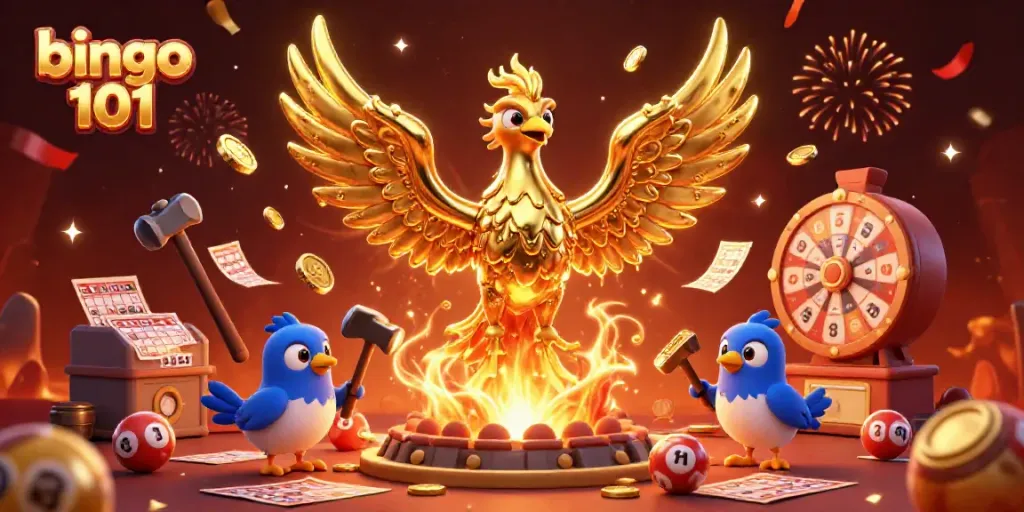 Experience thrilling bingo 101 action with a molten phoenix, bingo balls, and dynamic gold visuals.