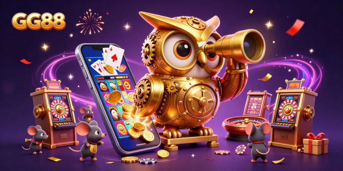 Experience the thrill of GG88 with a golden owl and enchanting casino elements in a vibrant atmosphere.