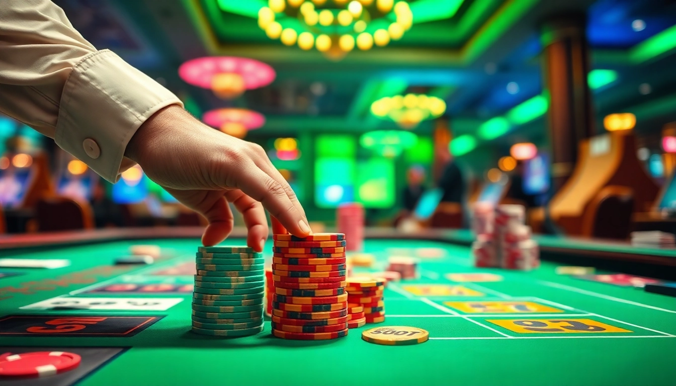 Menangkan Slot deposit 5000 di meja permainan kasino yang meriah dengan tumpukan chip berwarna.