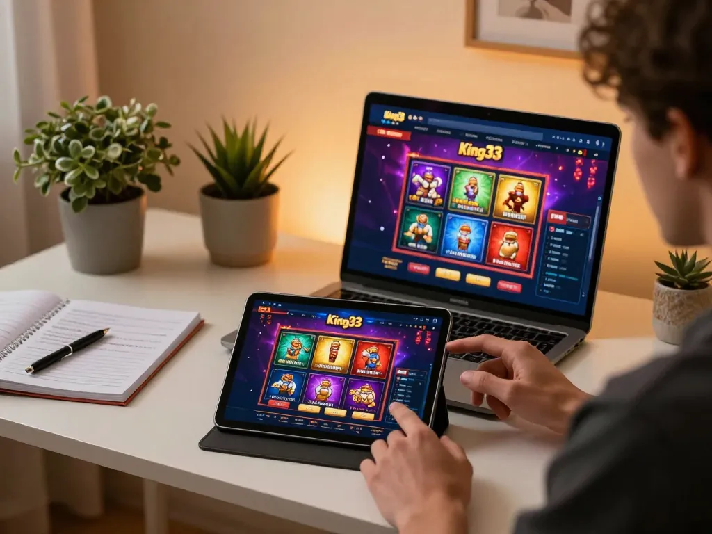 Engaging with king33 online casino on a tablet in a cozy home setup.