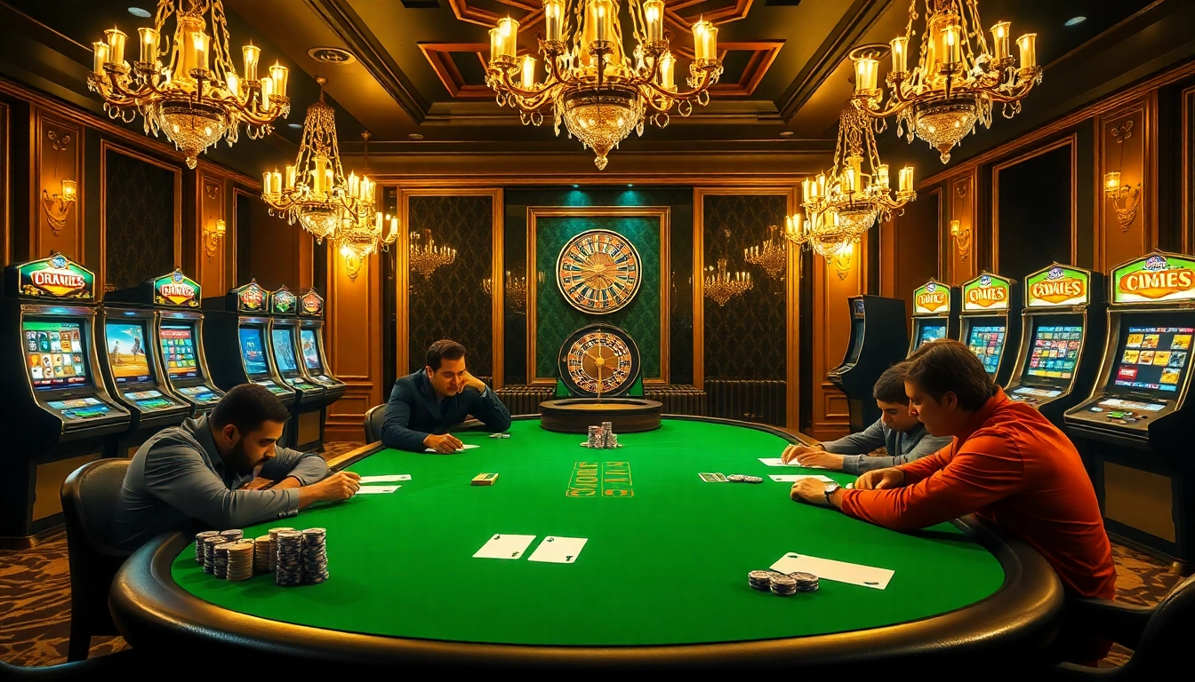 High-stakes poker action at http://8kbetok.com/, showcasing vibrant slots and luxurious casino ambiance.