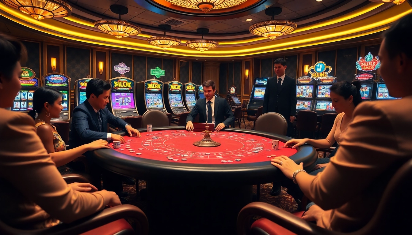 Experience thrilling games at https://68vip.one/ with luxury casino elements like poker tables and vibrant slot machines.