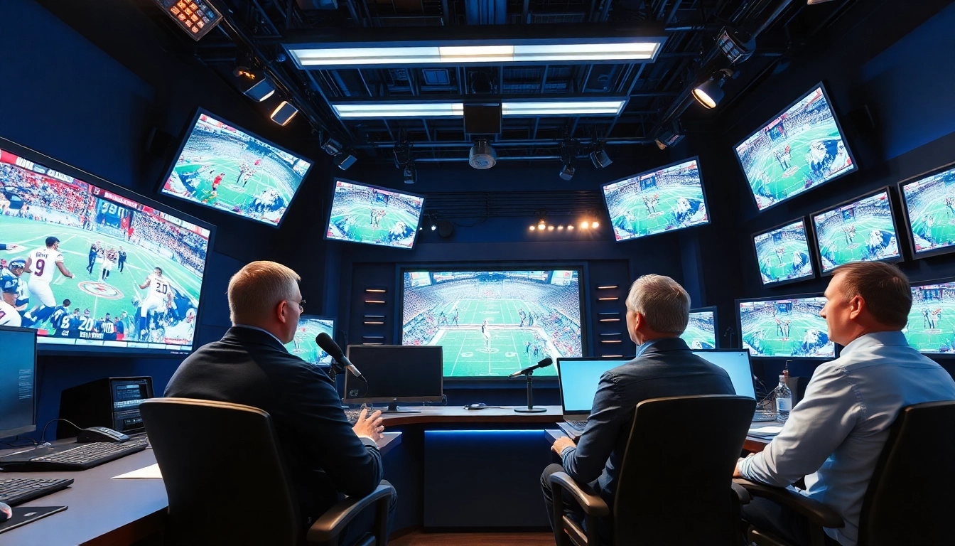 Captivating scene of Sports Broadcasting analysts discussing the latest game highlights in a modern studio.