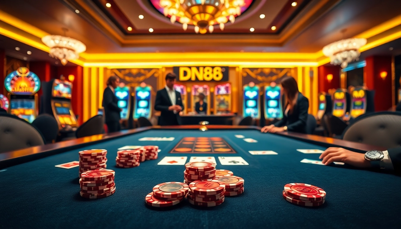 Experience thrilling casino action at the dn88 poker table, complete with vibrant chips and playing cards.