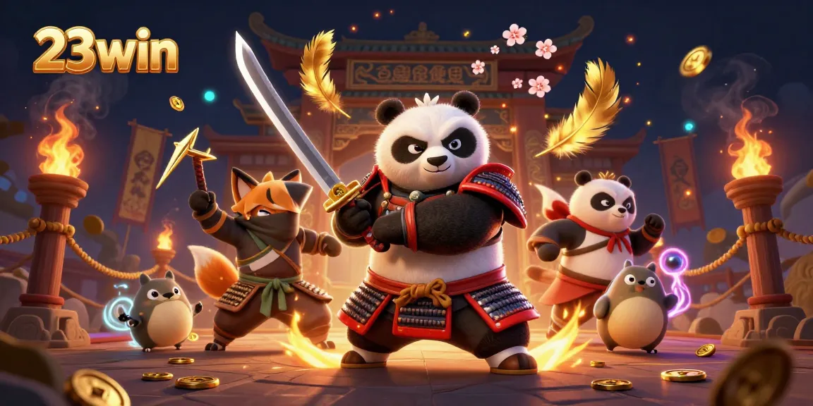 Experience thrilling gameplay at 23win with a vibrant 3D casino battle featuring samurai panda, ninja fox, and magical elements.