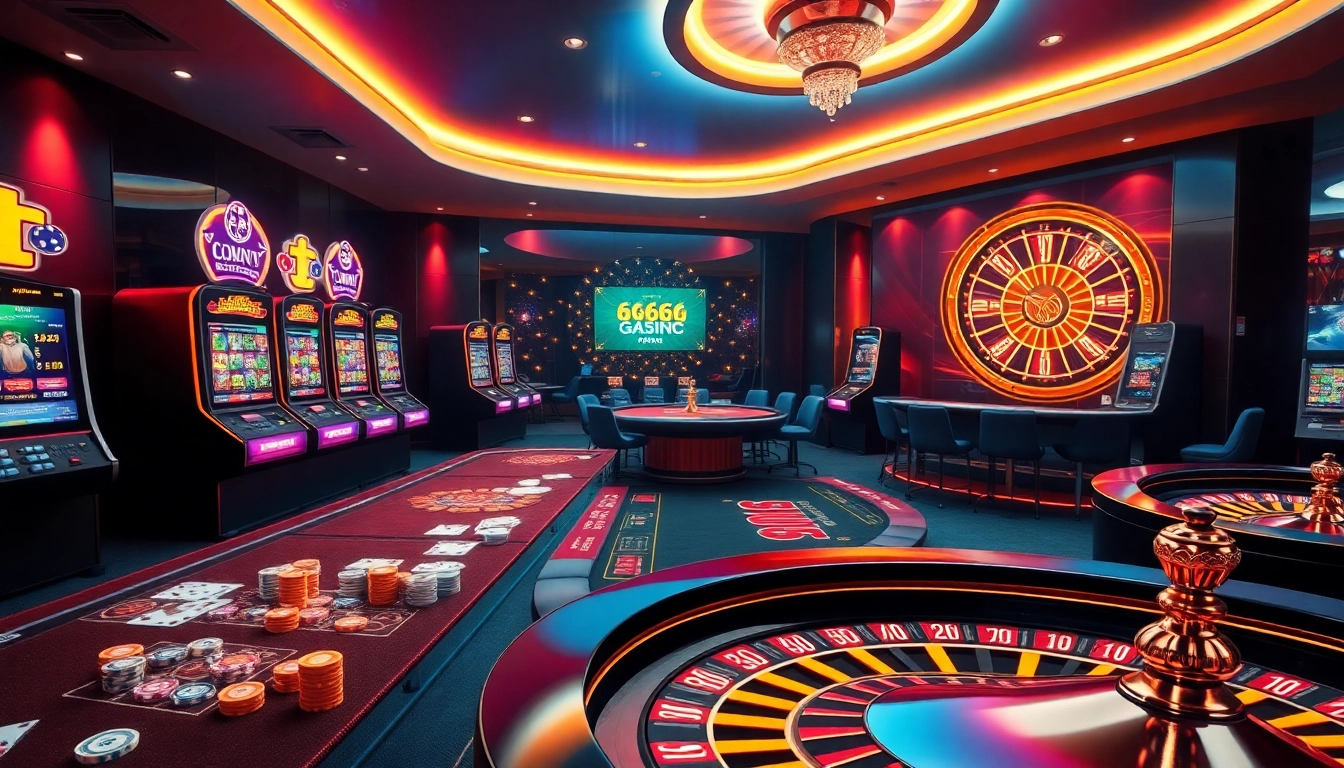 The vibrant and luxurious online gambling scene of https://6666bett.com.br showcasing poker tables and slot machines.