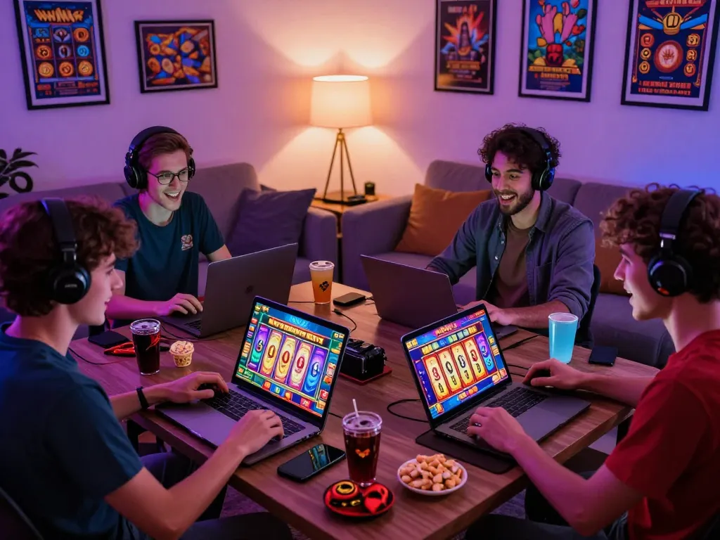 Pemain yang antusias menikmati permainan slot online di rumah, menyoroti grafik yang cerah dan suasana permainan yang nyaman.