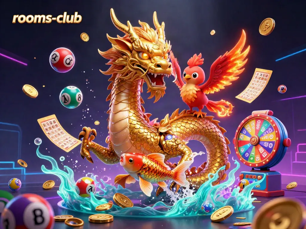 Slot online di rooms-club dengan naga dan simbol keberuntungan berkilau.
