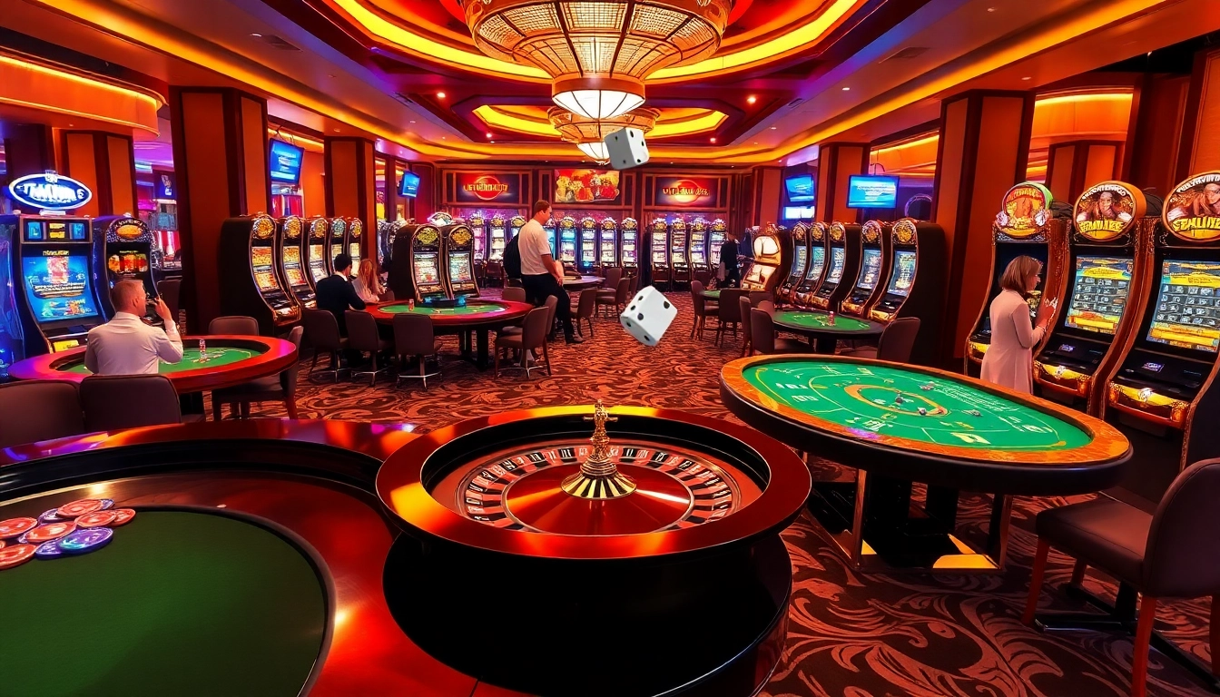 Players enjoying a lively gaming session at LC88's vibrant casino floor with roulette and poker tables.
