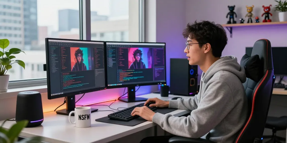 Interactive developer using crushon ai with dual monitors in a modern workspace.
