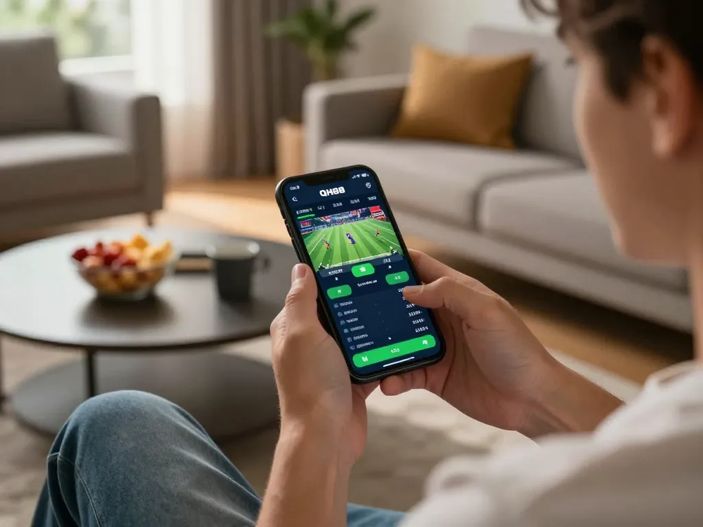 Engaging in Qh88 đăng nhập on a smartphone in a cozy home environment, showcasing strategic betting.