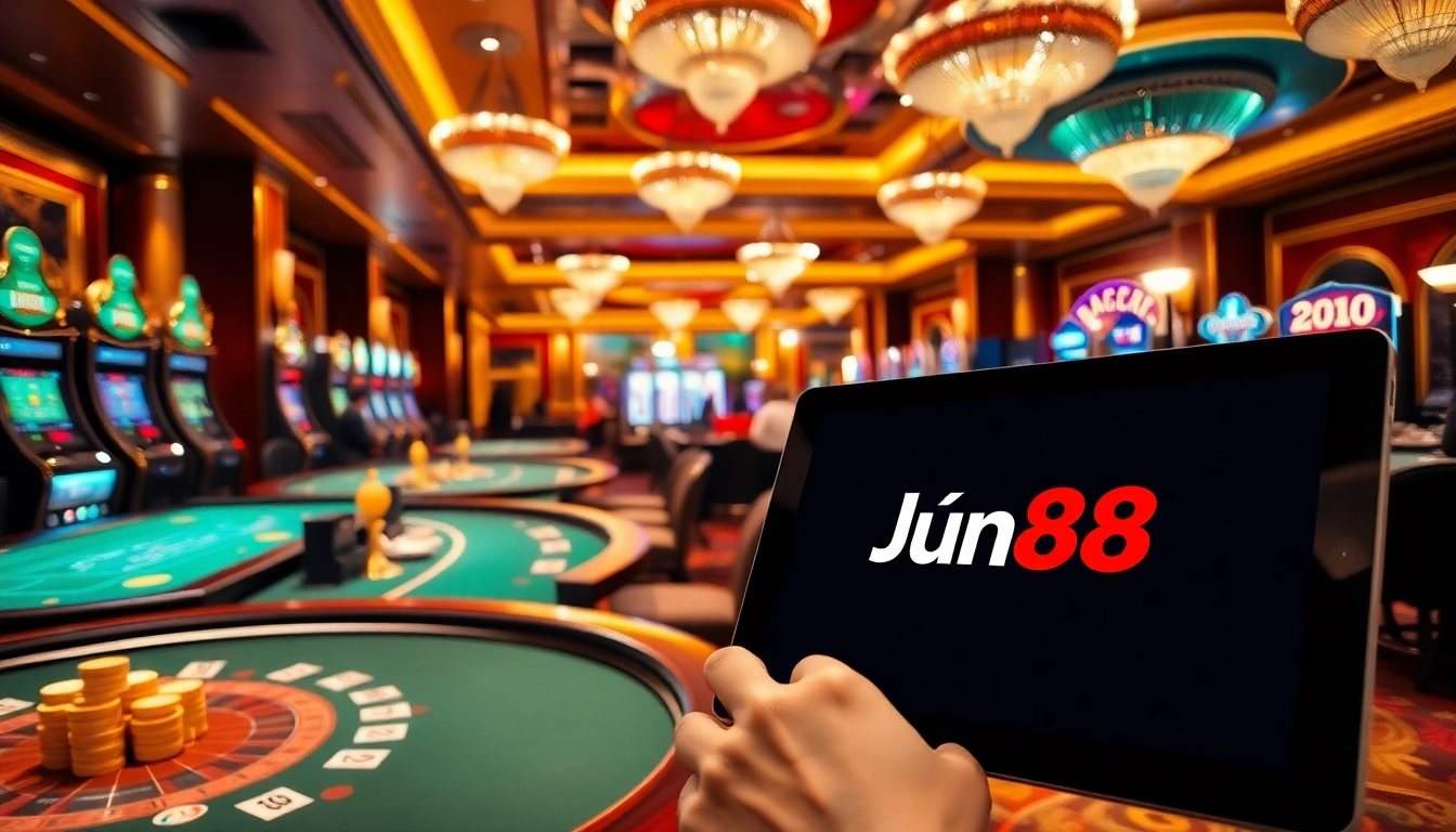 Experience high-stakes excitement at the trang chủ Jun88 with Baccarat and Poker tables, slot machines, and a roulette wheel.