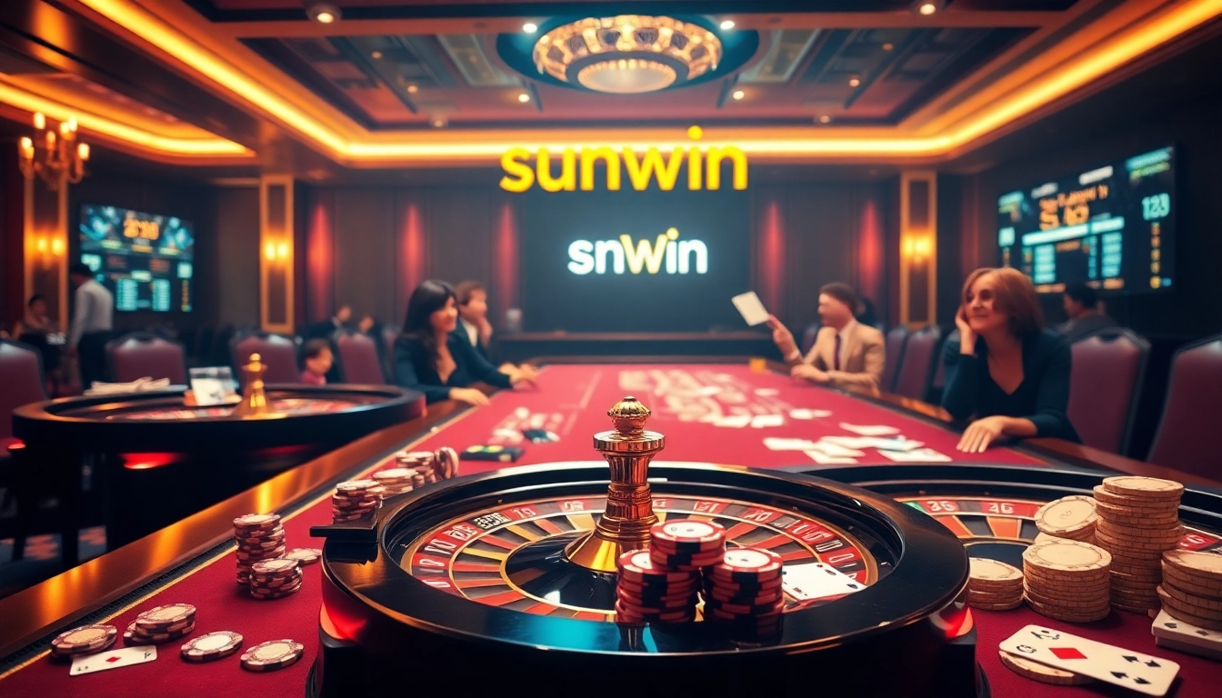 Exciting casino scene featuring sunwin gambling tables with players, poker chips, and roulette.