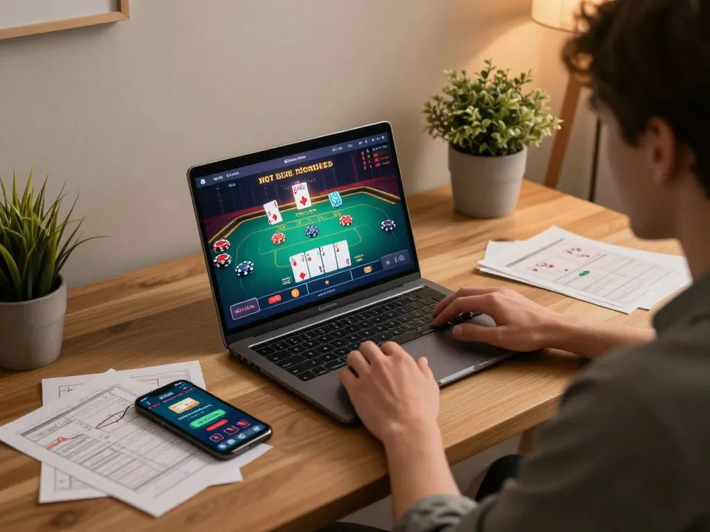 Engaging in mm88 online casino gaming with vibrant interface displayed on laptop and mobile device nearby.
