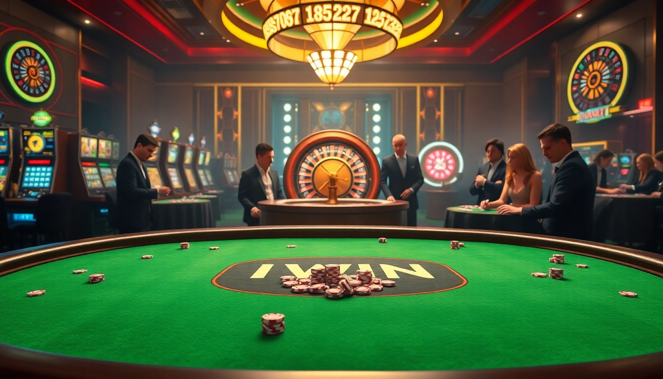 IWIN gaming table in a luxurious casino scene, surrounded by enthusiastic gamblers.