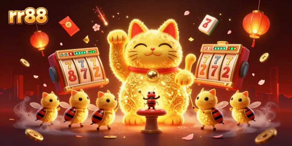 Experience the thrill of rr88 with a vibrant golden lucky cat and dynamic casino symbols.