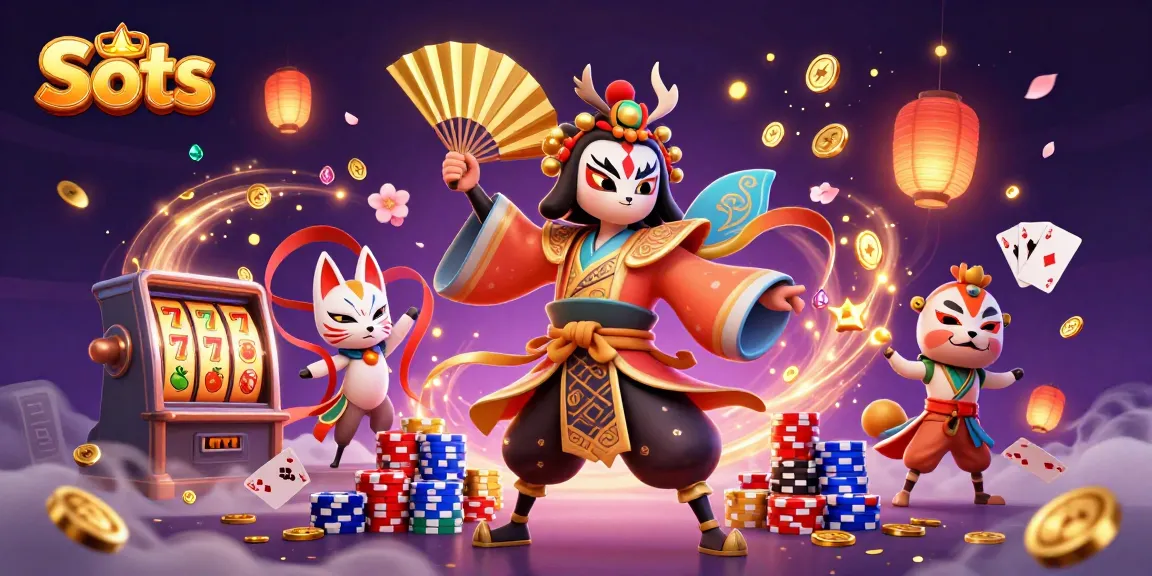Experience Slots with animated kabuki warrior and kitsune in a dynamic casino setting.