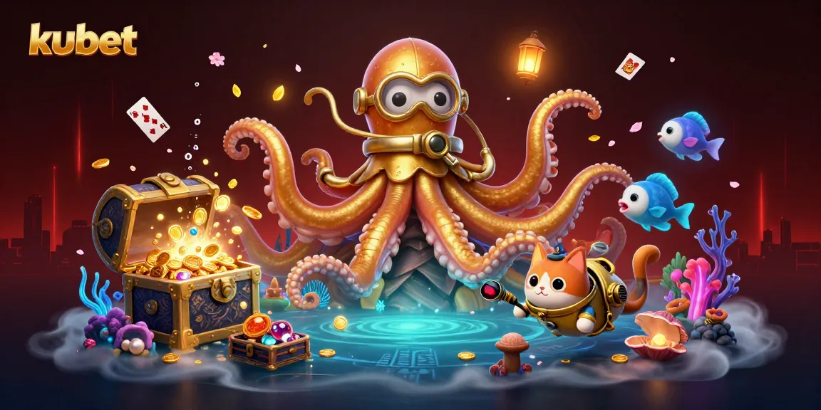 Enhance your gaming experience with kubet's dynamic illustration of a treasure-filled ocean scene featuring a kraken, diving cat, and deep-sea fish.