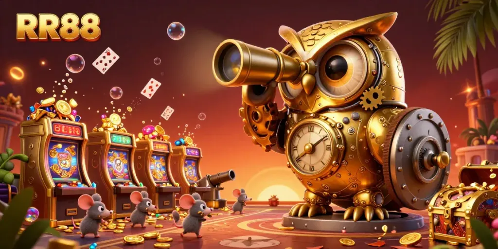Experience dynamic gaming action at RR88 with golden owl and bustling casino scene filled with excitement.