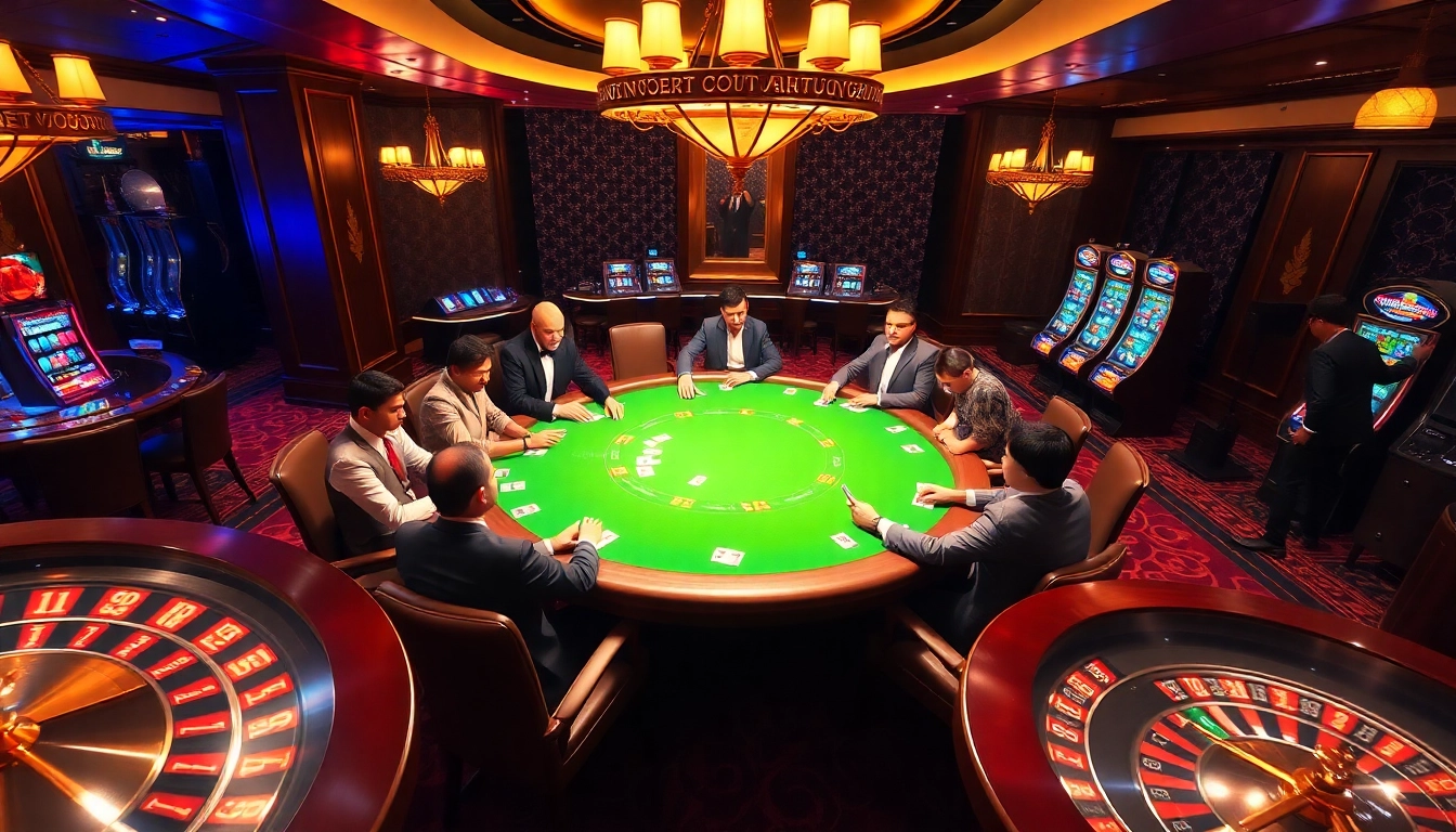 Experience the thrill of 8kbet in a luxurious casino setting with poker games and roulette.
