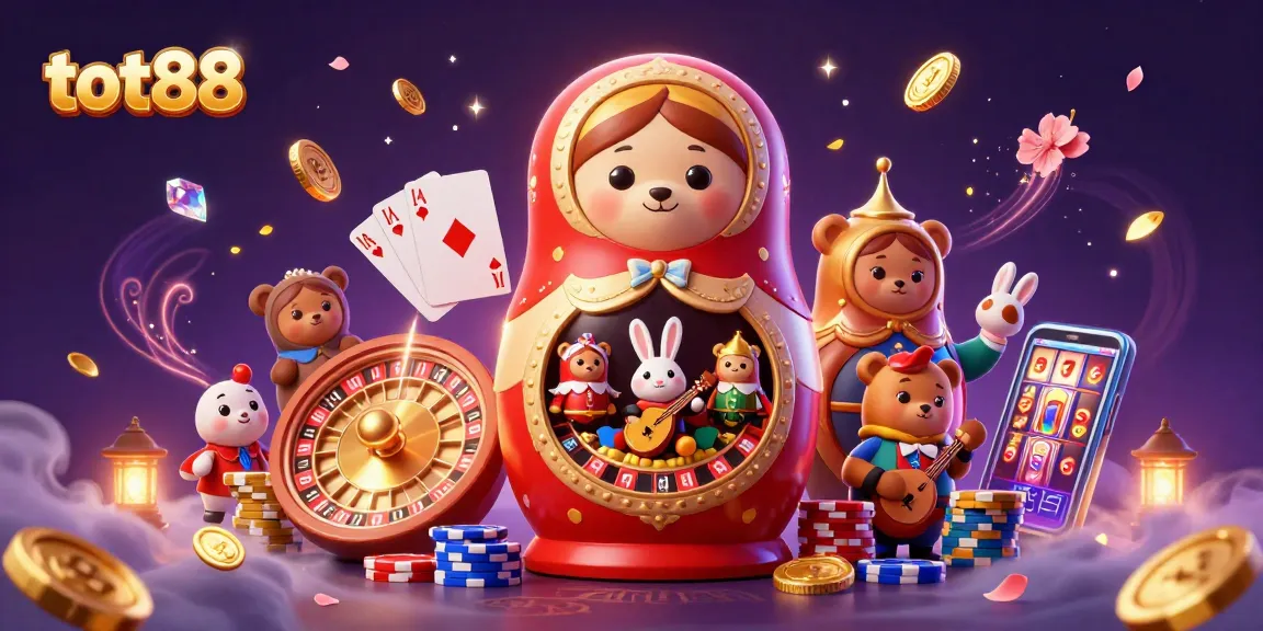 Experience thrilling gaming with tot88; a cartoon bear casino scene filled with coins and cards.